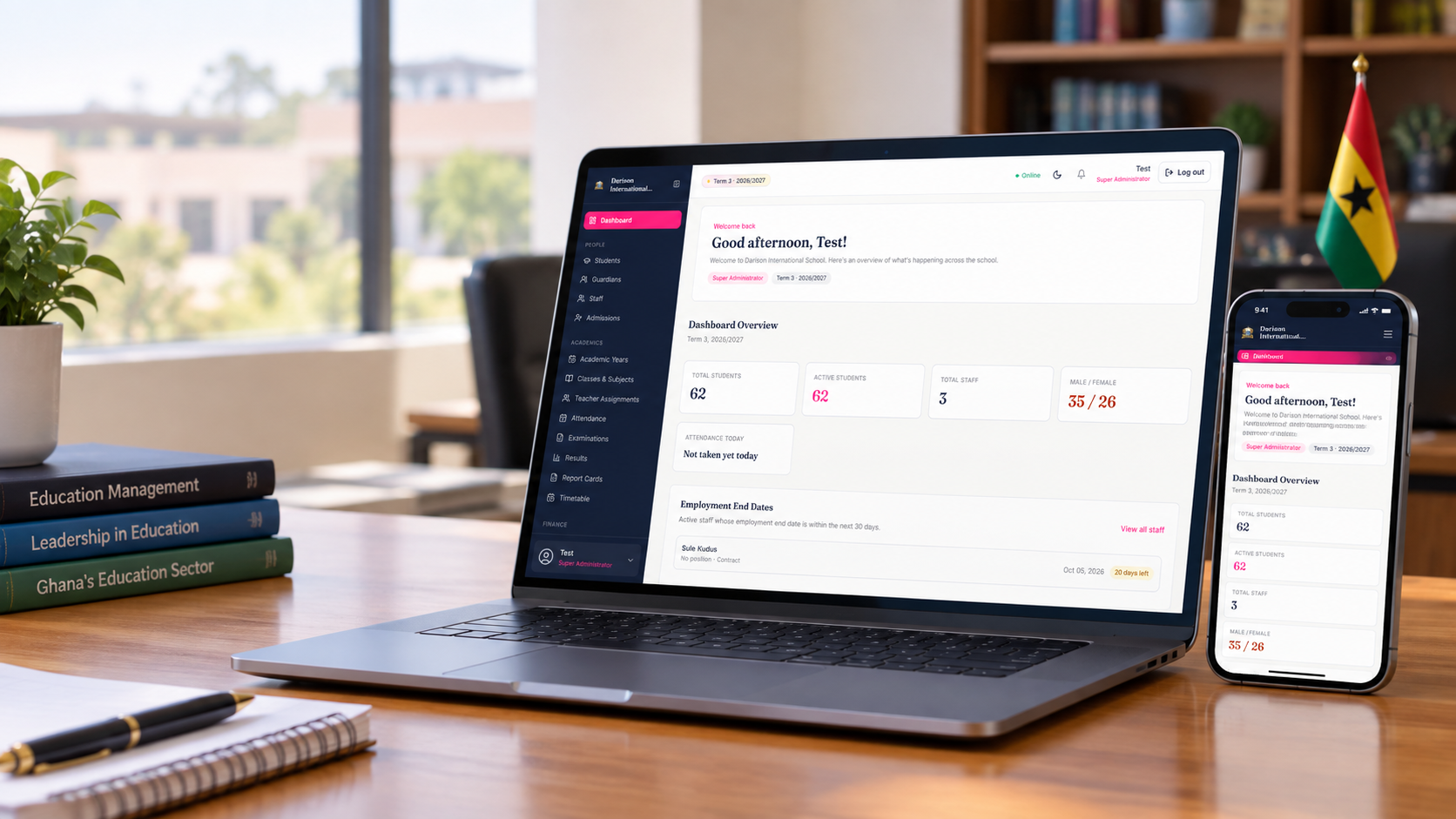 The DISCH Edu System dashboard for Darison International School shown on a laptop and a phone.