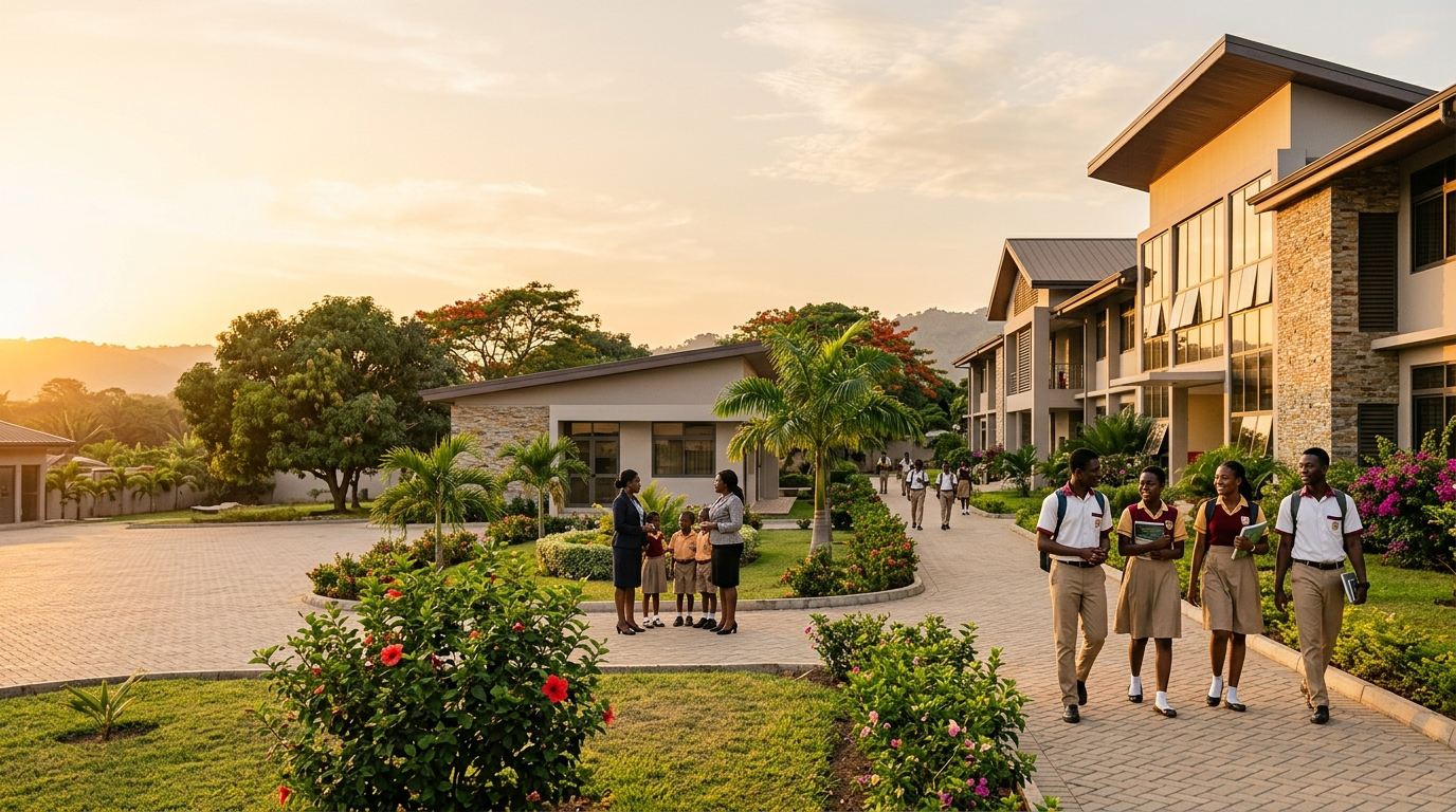 A school campus at sunset with students and teachers walking between buildings.