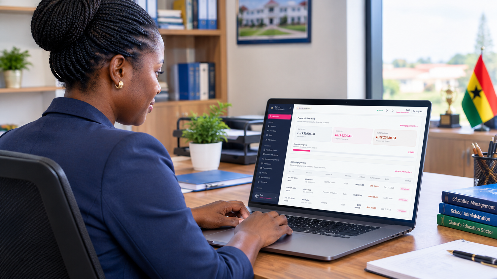 An administrator reviewing the financial summary in DISCH Edu System, with expected, received and outstanding fees and recent payments.