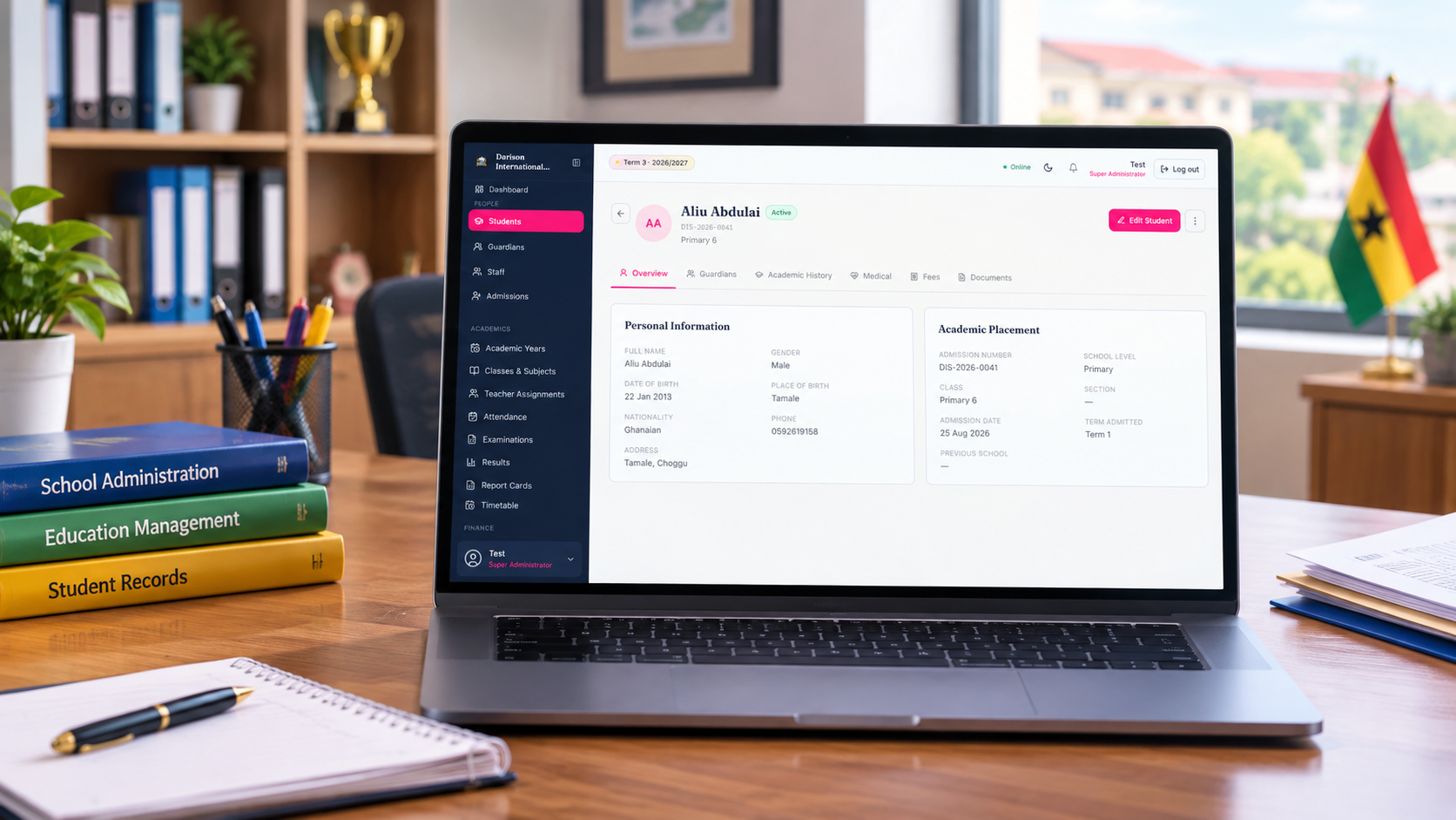A student profile in DISCH Edu System showing personal information and academic placement, with tabs for guardians, academic history, medical information, fees and documents.