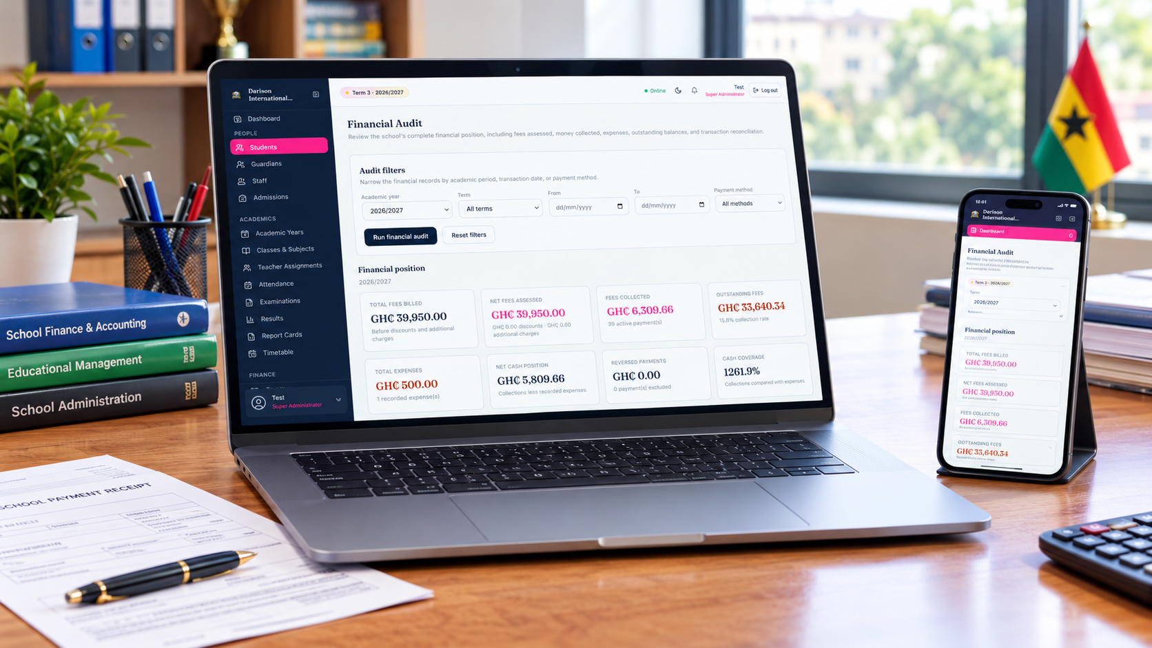 The financial audit screen in DISCH Edu System showing fees billed, assessed, collected and outstanding, with expenses and cash position, on a laptop and a phone.